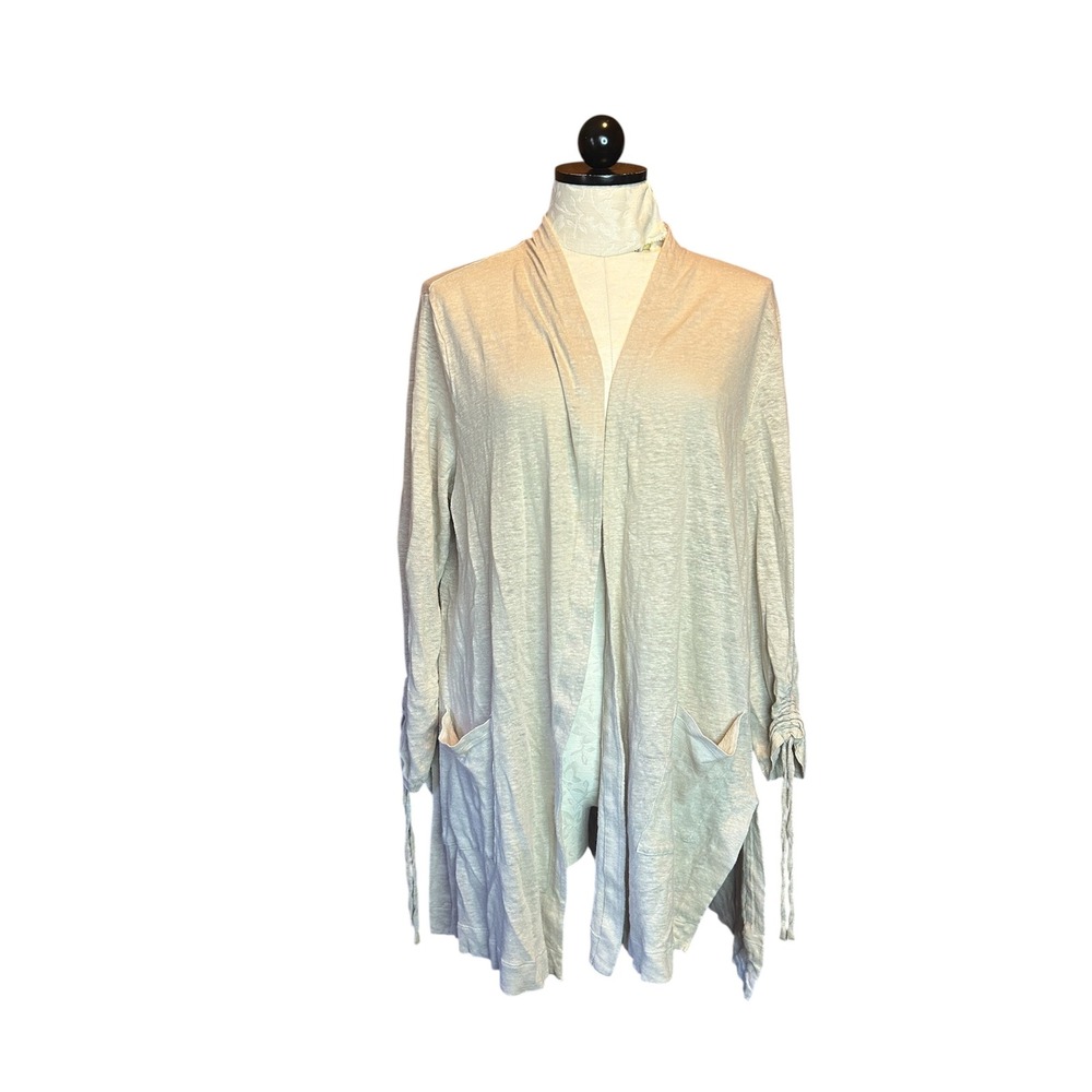 J. Jill Love Linen‎ Cardigan Oatmeal Beige Open Front Ruched Sleeve Pocket Sz L